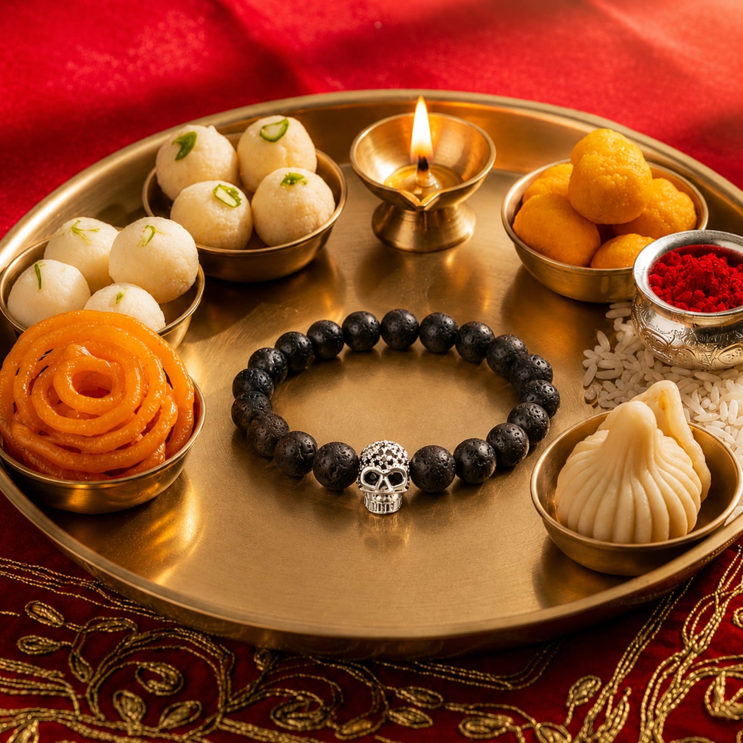 THE MEN THING Bead Bracelets The Perfect Rakhi Gift For Every Brother – LAVA SKULL SILVER TONE - Premium Beads Bracelets With Timeless Style (7inch)