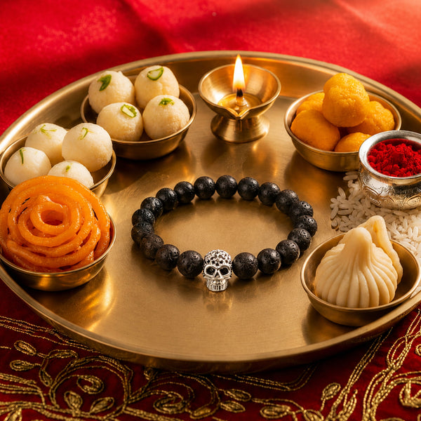 The Perfect Rakhi Gift For Every Brother – LAVA SKULL SILVER TONE - Premium Beads Bracelets With Timeless Style (7inch)