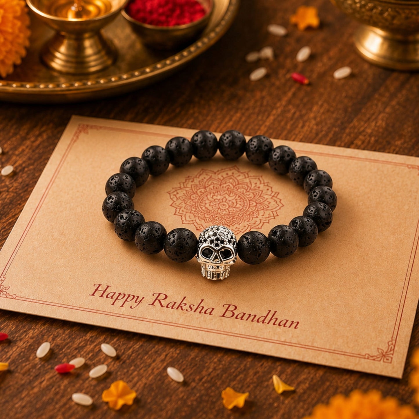 THE MEN THING Bead Bracelets The Perfect Rakhi Gift For Every Brother – LAVA SKULL SILVER TONE - Premium Beads Bracelets With Timeless Style (7inch)