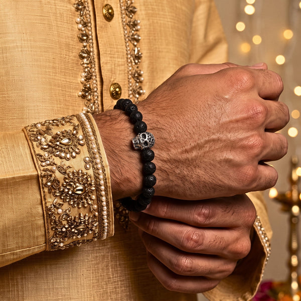 The Perfect Rakhi Gift For Every Brother – LAVA SKULL SILVER TONE - Premium Beads Bracelets With Timeless Style (7inch)