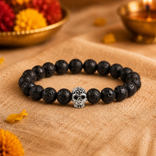 The Perfect Rakhi Gift For Every Brother – LAVA SKULL SILVER TONE - Premium Beads Bracelets With Timeless Style (7inch)