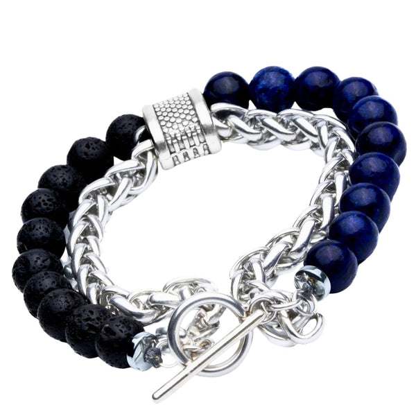 BEADFUSION BLUE - Natural Beads Bracelet for Men - Become Money Magnet - Natural Volcanic Stone Colorful 7 Chakra Energy Stretch Bracelet (7inch)