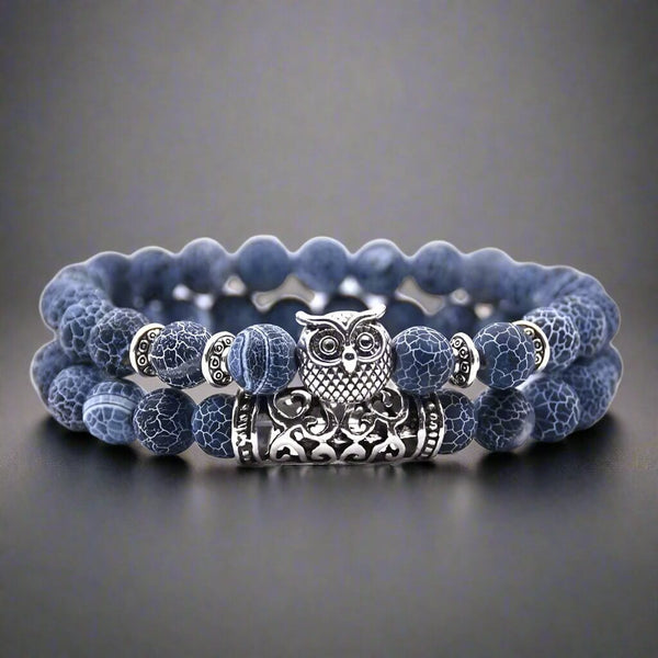 బ్లూ ఒనిక్స్ గుడ్లగూబ - పురుషులు మరియు అబ్బాయిల కోసం సహజ పూసల అల్లాయ్ స్ట్రెచ్ బ్రాస్‌లెట్