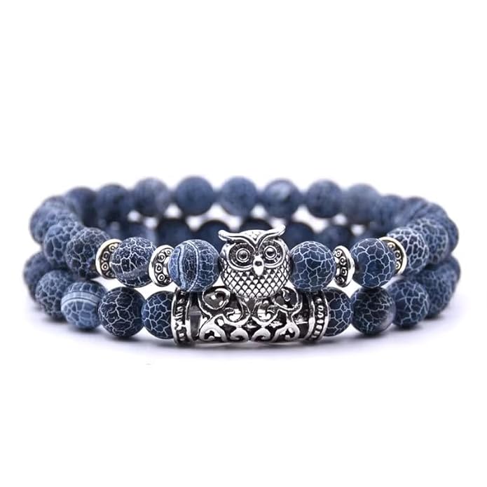 THE MEN THING Beads Bracelet BLUE ONYX OWL - Natural Beads Alloy Stretch Bracelet for Men and Boys