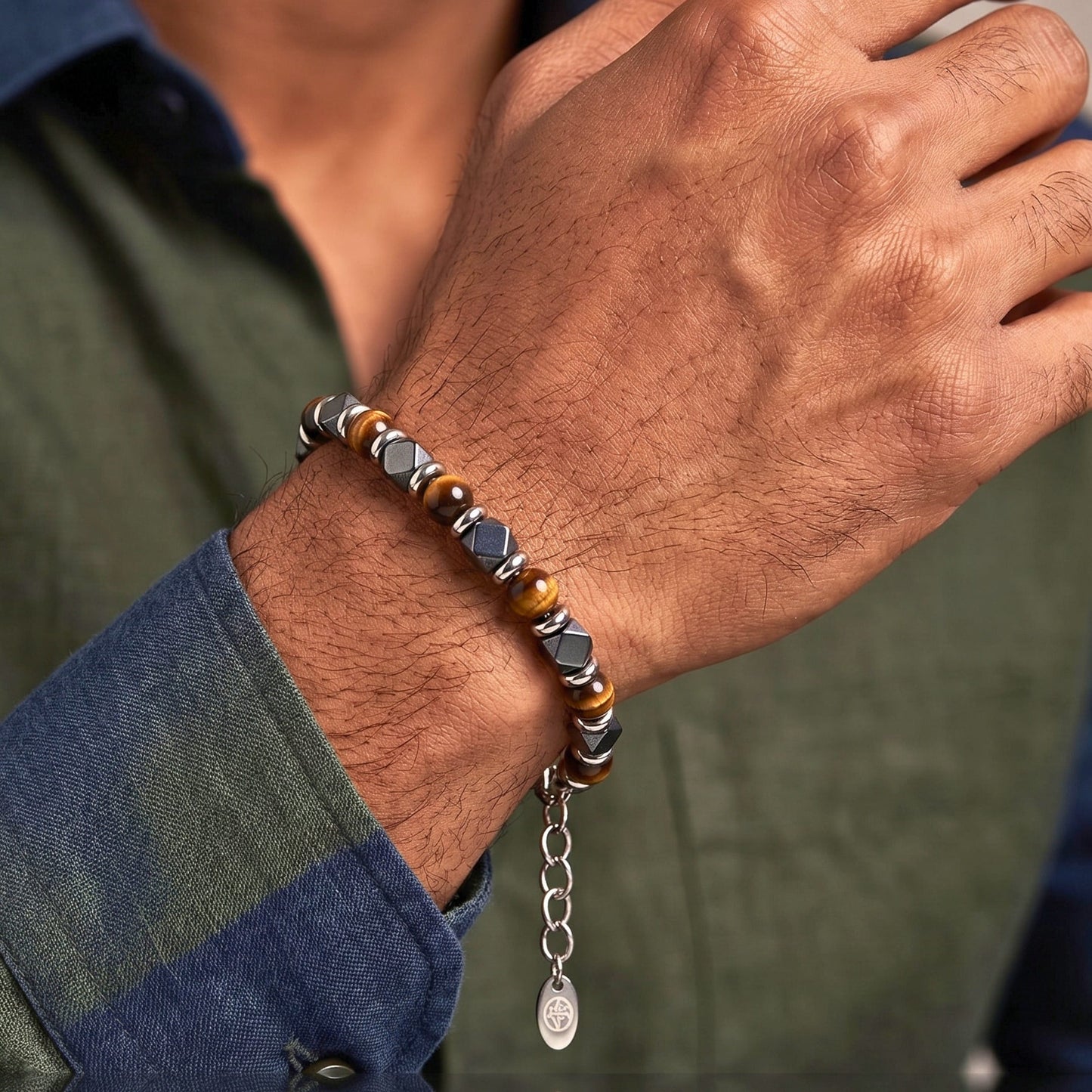 THE MEN THING Beads Bracelet HEXSTONE TIGER - 7mm Beads Bracelet with Natural Stone - 7.5 to 8.5 inch Adjustable Bracelet