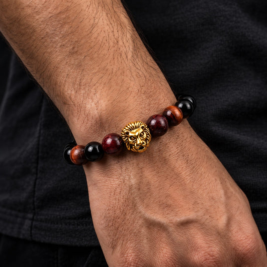 THE MEN THING Beads Bracelet LION HEAD - Natural 12mm Beads Alloy Stretch Bracelet for Men and Boys
