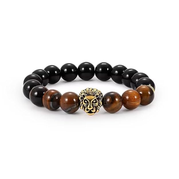 THE MEN THING Beads Bracelet LION HEAD - Natural Beads Alloy Stretch Bracelet for Men and Boys
