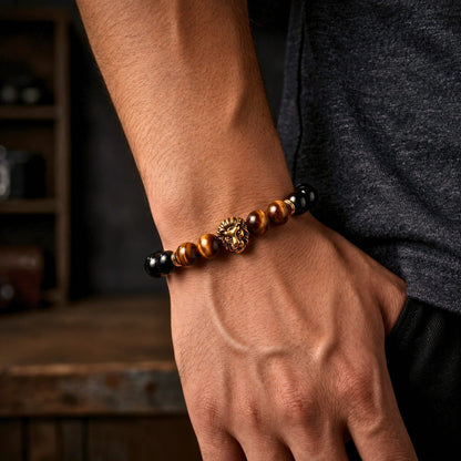 THE MEN THING Beads Bracelet LION HEAD - Natural Beads Alloy Stretch Bracelet for Men and Boys