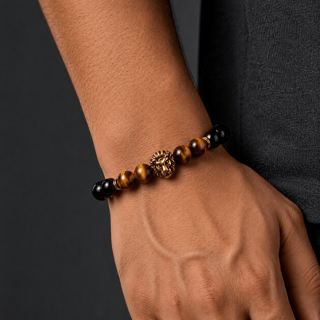 THE MEN THING Beads Bracelet LION HEAD - Natural Beads Alloy Stretch Bracelet for Men and Boys