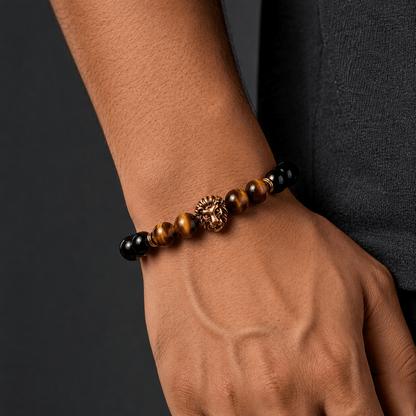 THE MEN THING Beads Bracelet LION HEAD - Natural Beads Alloy Stretch Bracelet for Men and Boys