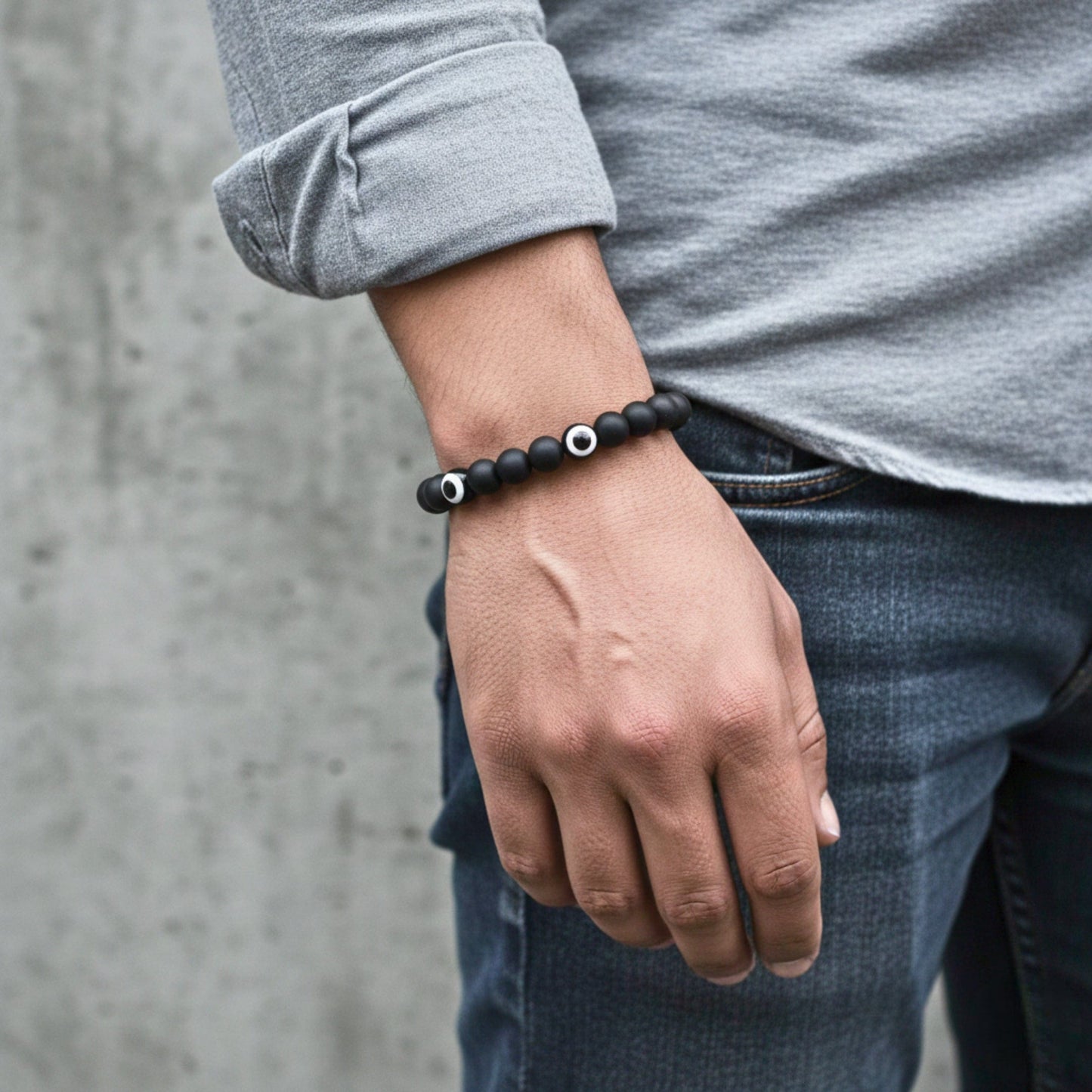 THE MEN THING Beads Bracelet SHADOW EVIL EYE - 12mm Wooden Beads Bracelet with Natural Stone - Adjustable Bracelet