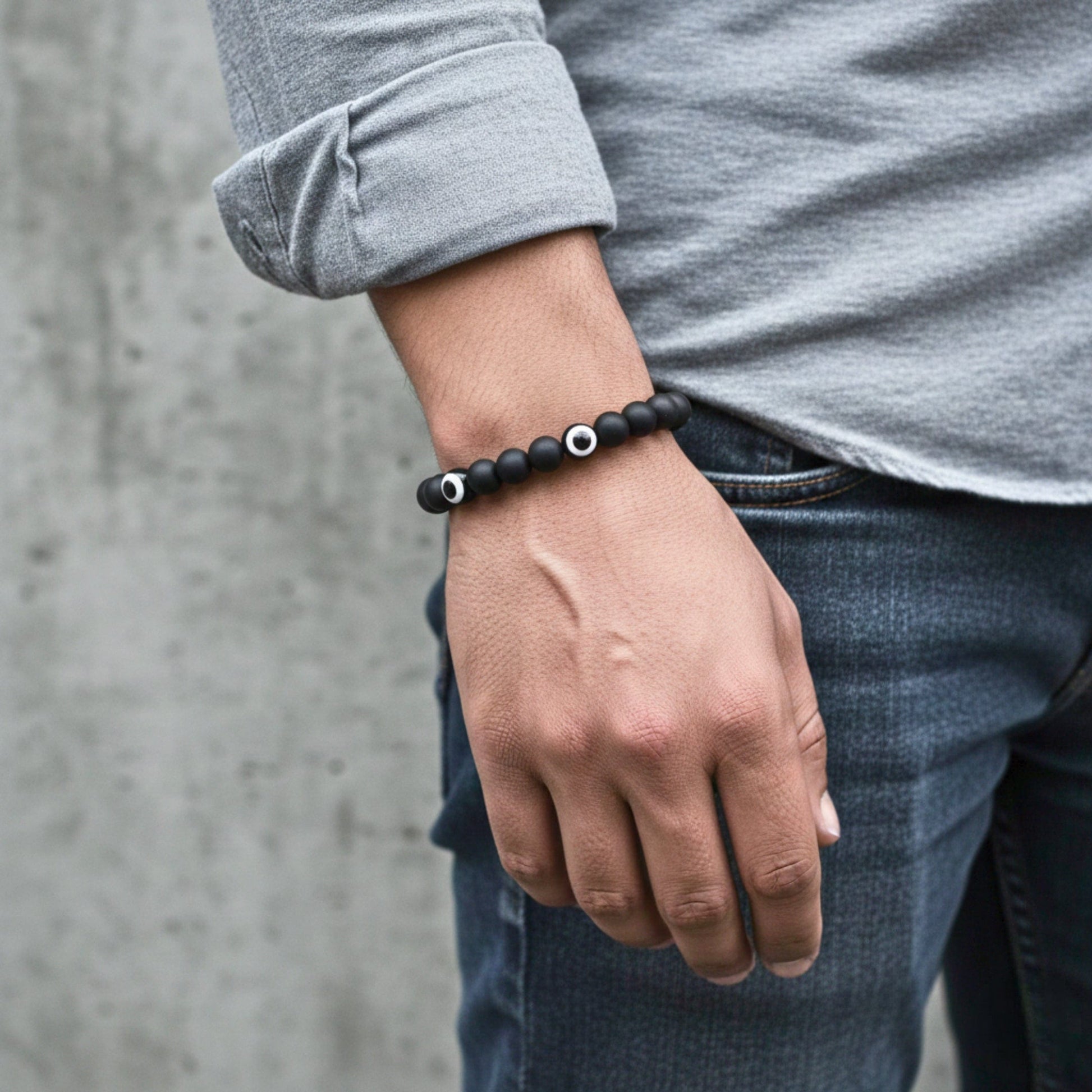 THE MEN THING Beads Bracelet SHADOW EVIL EYE - 12mm Wooden Beads Bracelet with Natural Stone - Adjustable Bracelet