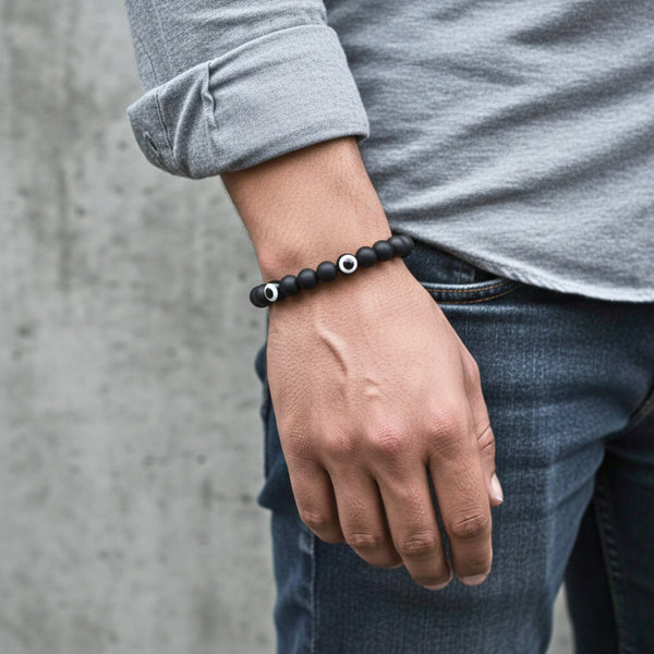 SHADOW EVIL EYE - 12mm Beads Bracelet with Natural Stone - Adjustable Bracelet