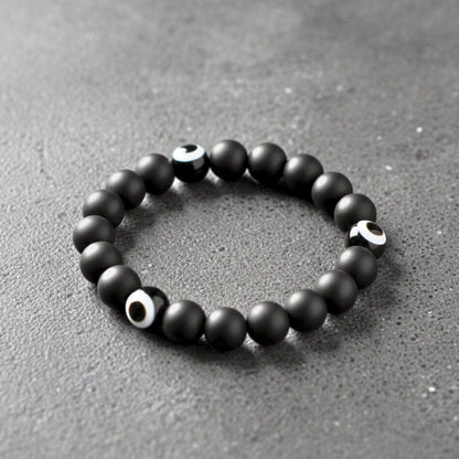 THE MEN THING Beads Bracelet SHADOW EVIL EYE - 12mm Wooden Beads Bracelet with Natural Stone - Adjustable Bracelet