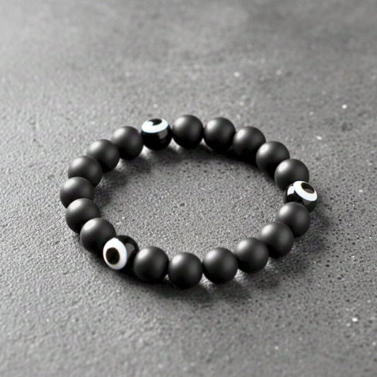 THE MEN THING Beads Bracelet SHADOW EVIL EYE - 12mm Wooden Beads Bracelet with Natural Stone - Adjustable Bracelet