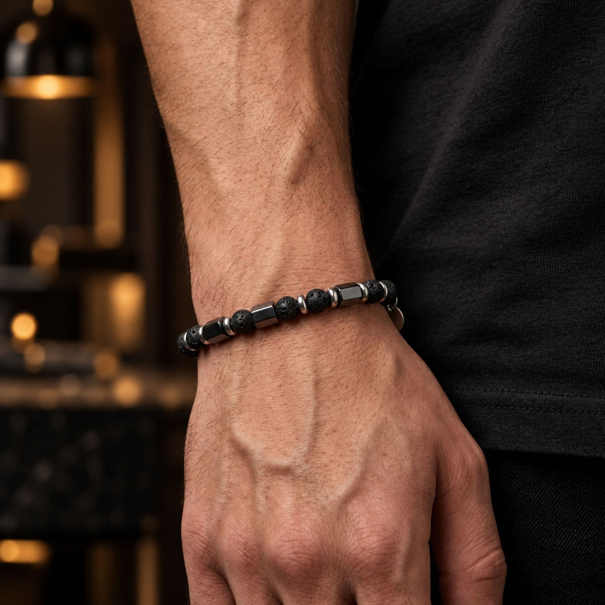 THE MEN THING Beads Bracelet STONEFORGE - BLACK - 7mm Beads Bracelet with Natural Stone - 7.5 to 8.5 inch Adjustable Bracelet