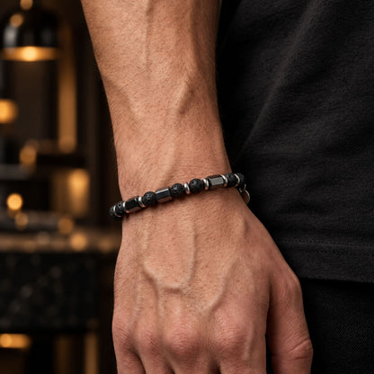THE MEN THING Beads Bracelet STONEFORGE - BLACK - 7mm Beads Bracelet with Natural Stone - 7.5 to 8.5 inch Adjustable Bracelet