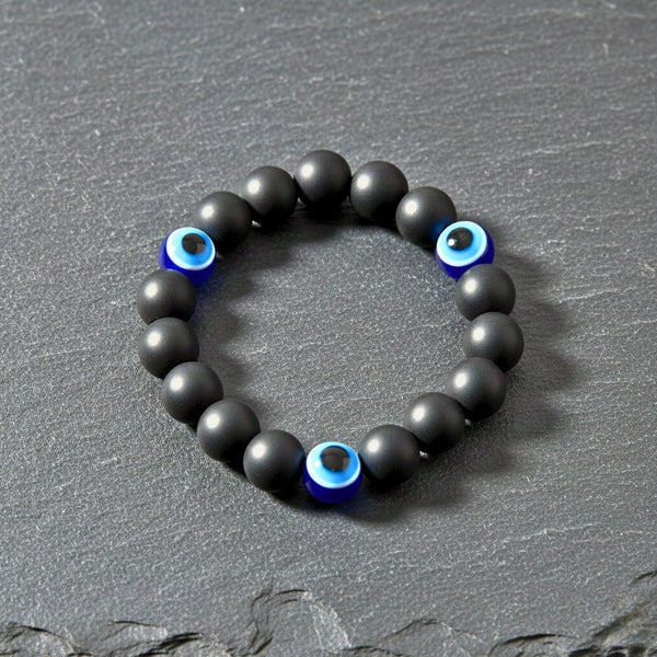 TRINITY EVIL EYE - 12mm Beads Bracelet with Natural Stone - Adjustable Bracelet