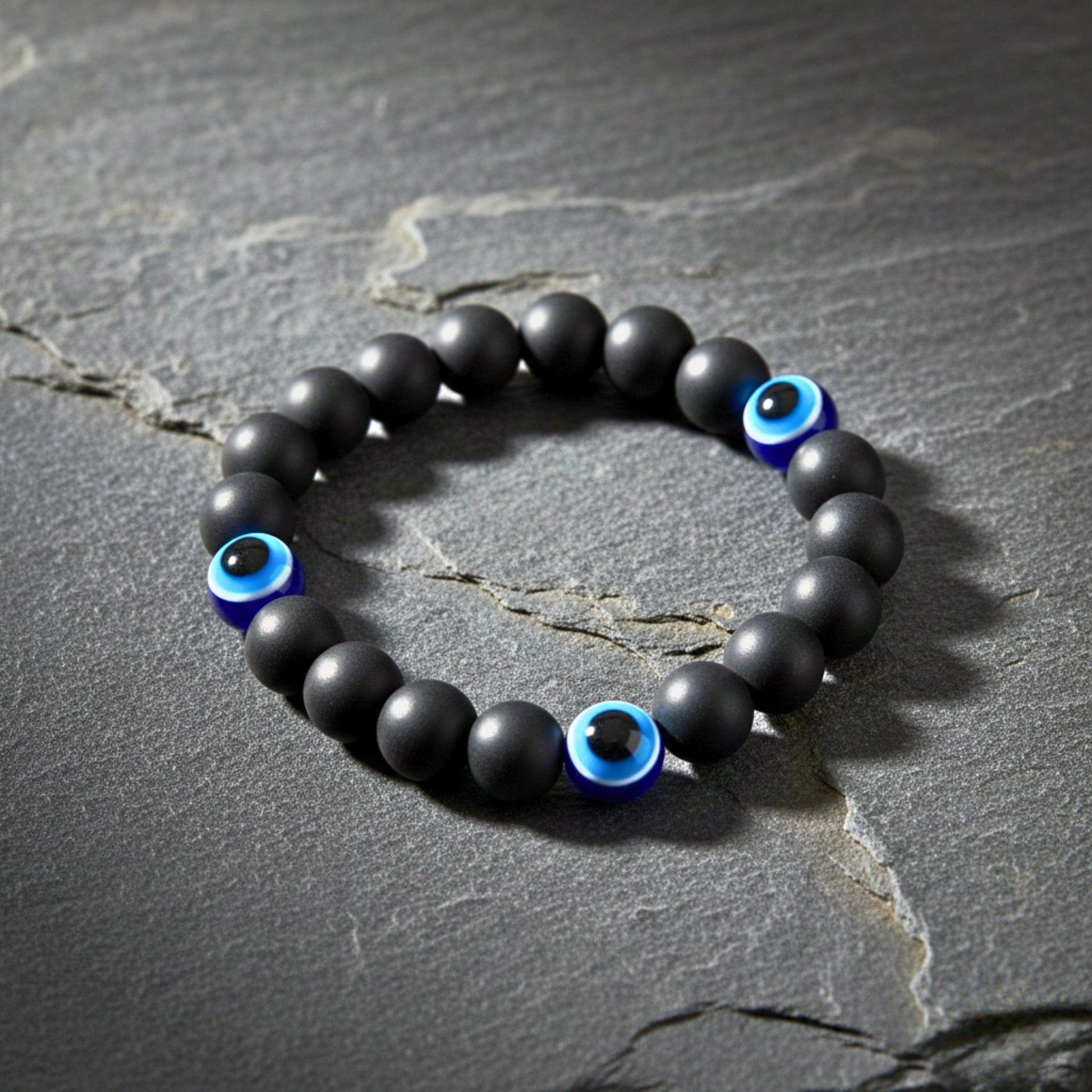 THE MEN THING Beads Bracelet TRINITY EVIL EYE - 12mm Beads Bracelet with Natural Stone - Adjustable Bracelet
