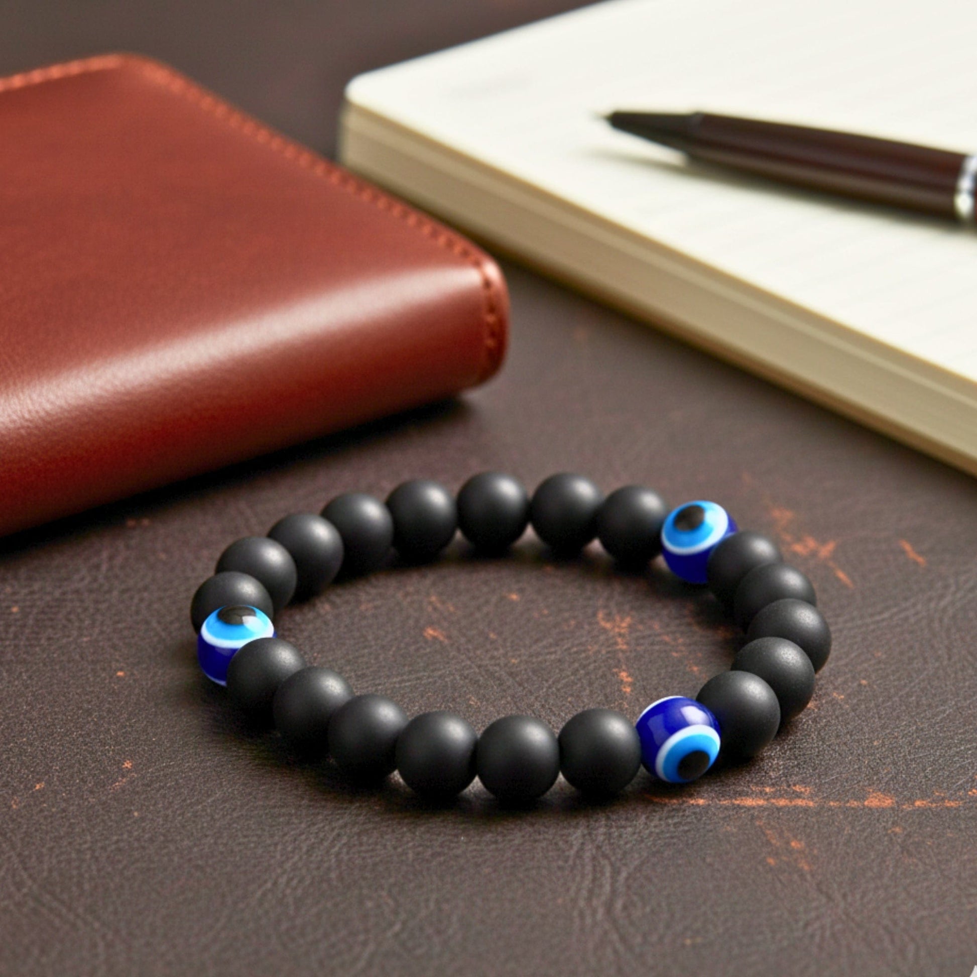 THE MEN THING Beads Bracelet TRINITY EVIL EYE - 12mm Beads Bracelet with Natural Stone - Adjustable Bracelet