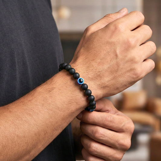 THE MEN THING Beads Bracelet TRINITY EVIL EYE - 12mm Beads Bracelet with Natural Stone - Adjustable Bracelet