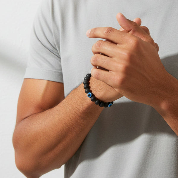 TRINITY EVIL EYE - 12mm Beads Bracelet with Natural Stone - Adjustable Bracelet