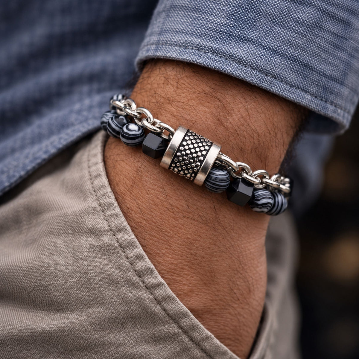 THE MEN THING Beads Bracelet WOLF TRAIL GREY - Grey Beads Bracelet for Men & Boys (8 inch)