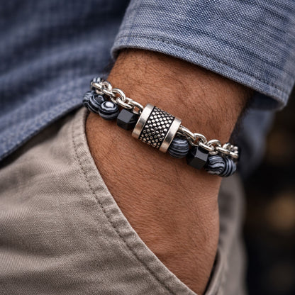 THE MEN THING Beads Bracelet WOLF TRAIL GREY - Grey Beads Bracelet for Men & Boys (8 inch)