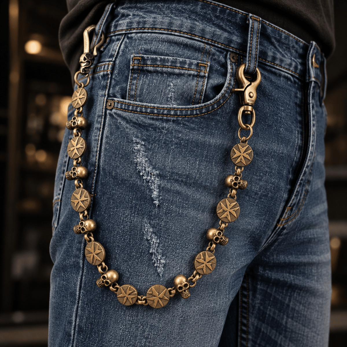 THE MEN THING Biker Fashion BONE STAR - Antique Bronze 12mm Titanium Steel Skull Heavy Biker Chain for Jeans with Lobster Clasps for Men & Boys - 20 inch