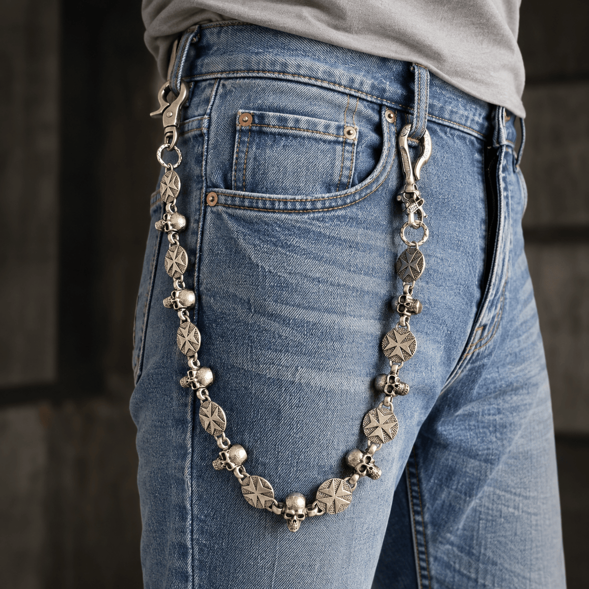 THE MEN THING Biker Fashion BONE STAR - Antique Steel 12mm Titanium Steel Skull Heavy Biker Chain for Jeans with Lobster Clasps for Men & Boys - 20 inch