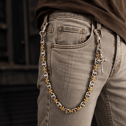 THE MEN THING Biker Fashion CRUCIX LINK - Antique Steel Pendant 13mm Titanium Steel Skull Heavy Biker Chain for Jeans with Lobster Clasps for Men & Boys - 20 inch