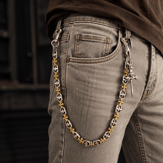 THE MEN THING Biker Fashion CRUCIX LINK - Antique Steel Pendant 13mm Titanium Steel Skull Heavy Biker Chain for Jeans with Lobster Clasps for Men & Boys - 20 inch