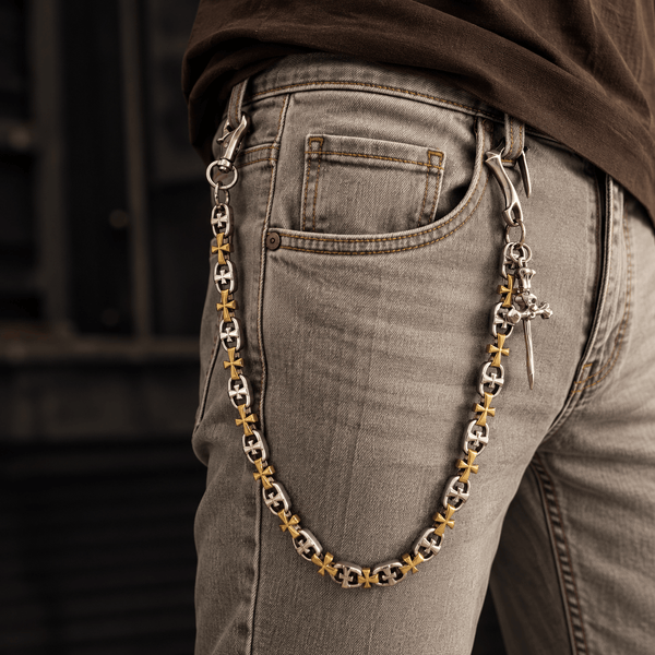 CRUCIX LINK - Antique Steel Pendant 13mm Titanium Steel Skull Heavy Biker Chain for Jeans with Lobster Clasps for Men & Boys - 20 inch