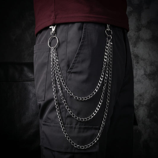 THE MEN THING Biker Fashion DRAPE TRI - LAYER SILVER -  Alloy Multi-Layer Biker Chain  For Jeans with Lobster Clasps for Men & Boys - 30 inch