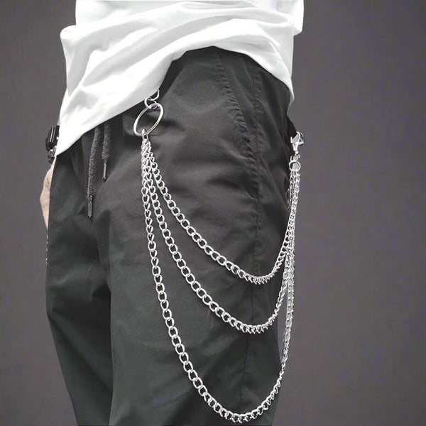 DRAPE TRI - లేయర్ సిల్వర్ - అల్లాయ్ మల్టీ-లేయర్ బైకర్ జీన్స్ చైన్‌తో కూడిన లోబ్‌స్టర్ క్లాస్ప్స్ కోసం పురుషులు & అబ్బాయిలు - 30 అంగుళాలు