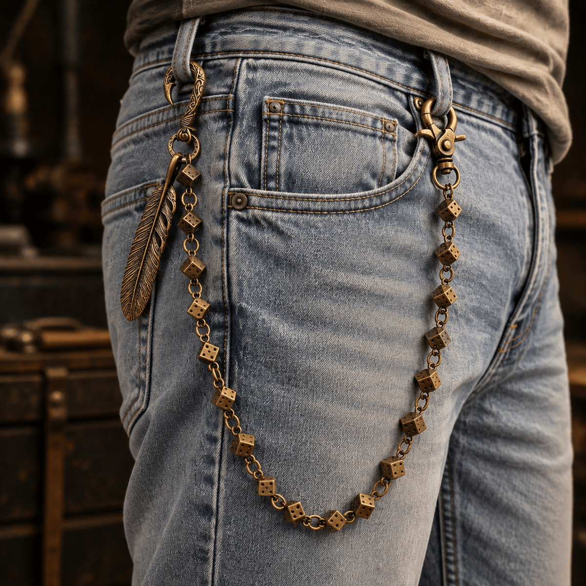 THE MEN THING Biker Fashion FEATHER DICE - Antique Bronze 10mm Titanium Steel Heavy Biker Chain for Jeans with Lobster Clasps for Men & Boys - 21 inch