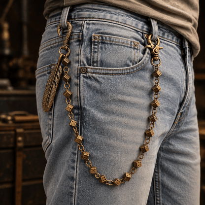 THE MEN THING Biker Fashion FEATHER DICE - Antique Bronze 10mm Titanium Steel Heavy Biker Chain for Jeans with Lobster Clasps for Men & Boys - 21 inch