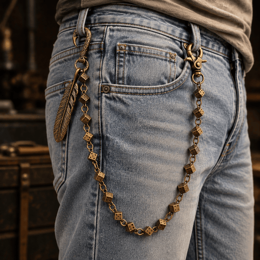 THE MEN THING Biker Fashion FEATHER DICE - Antique Bronze 10mm Titanium Steel Heavy Biker Chain for Jeans with Lobster Clasps for Men & Boys - 21 inch