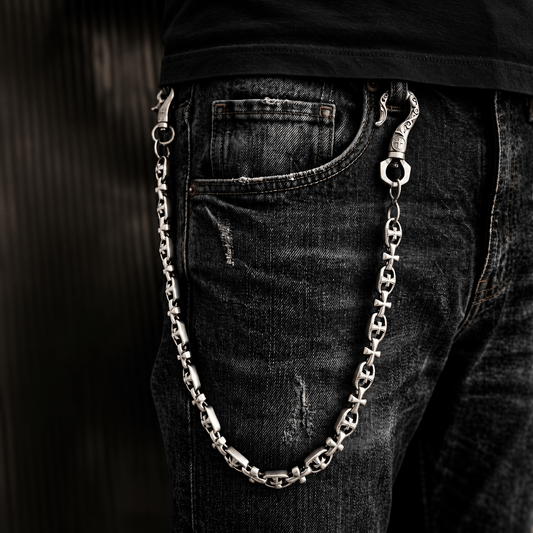 THE MEN THING Biker Fashion GOTHIC CROSS - Antique Steel 13mm Titanium Steel Heavy Biker Chain for Jeans with Lobster Clasps for Men & Boys - 20 inch