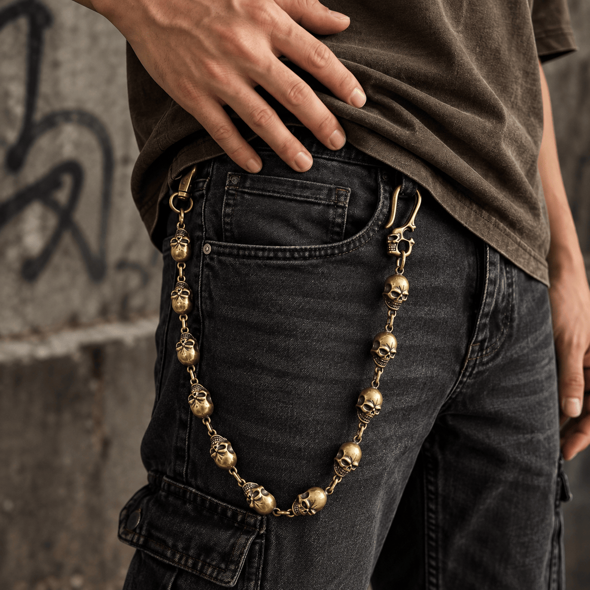 THE MEN THING Biker Fashion GRIMEX SKULL - Antique Gold 18mm Titanium Steel Skull Heavy Biker Chain for Jeans with Lobster Clasps for Men & Boys - 22 inch