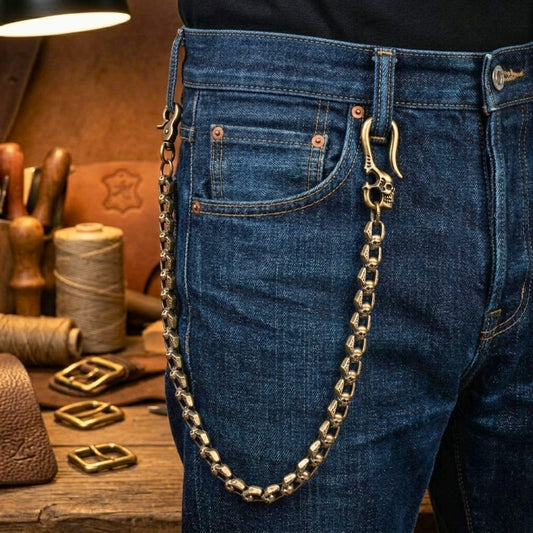THE MEN THING Biker Fashion HELLBONE LINK - Antique Gold 14mm Skull Heavy Biker Chain for Jeans with Lobster Clasps for Men & Boys - 20 inch