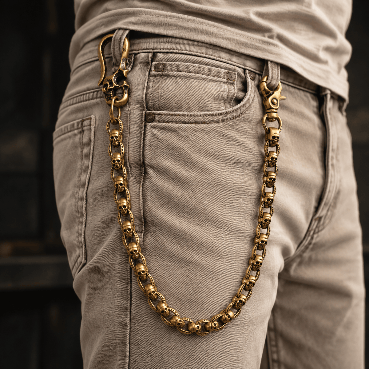 THE MEN THING Biker Fashion HELLBONE LINK - Antique Gold 14mm Skull Heavy Biker Chain for Jeans with Lobster Clasps for Men & Boys - 20 inch