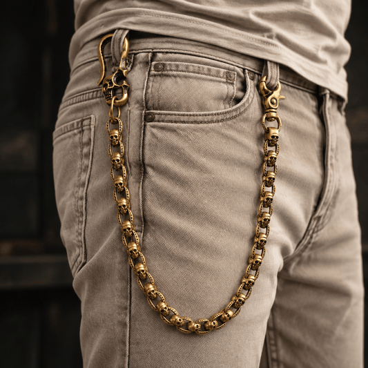 THE MEN THING Biker Fashion HELLBONE LINK - Antique Gold 14mm Skull Heavy Biker Chain for Jeans with Lobster Clasps for Men & Boys - 20 inch