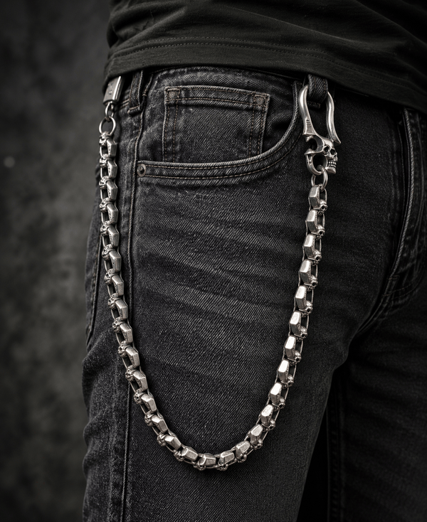 HELLBONE LINK - Antique Steel 14mm Titanium Steel Skull Heavy Biker Chain for Jeans with Lobster Clasps for Men & Boys - 20 inch