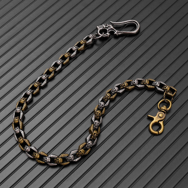 HELLBONE LINK - Antique Steel Gold 14mm Titanium Steel Skull Heavy Biker Chain for Jeans with Lobster Clasps for Men & Boys - 20 inch
