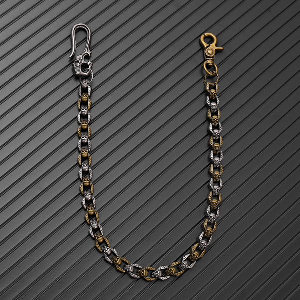 HELLBONE LINK - Antique Steel Gold 14mm Titanium Steel Skull Heavy Biker Chain for Jeans with Lobster Clasps for Men & Boys - 20 inch