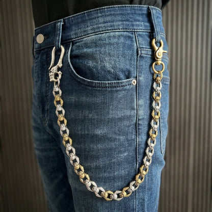 THE MEN THING Biker Fashion HELLBONE LINK - Antique Steel Gold 14mm Titanium Steel Skull Heavy Biker Chain for Jeans with Lobster Clasps for Men & Boys - 20 inch