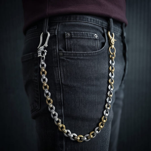 THE MEN THING Biker Fashion HELLBONE LINK - Antique Steel Gold 14mm Titanium Steel Skull Heavy Biker Chain for Jeans with Lobster Clasps for Men & Boys - 20 inch
