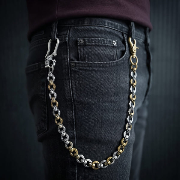 HELLBONE LINK - Antique Steel Gold 14mm Titanium Steel Skull Heavy Biker Chain for Jeans with Lobster Clasps for Men & Boys - 20 inch