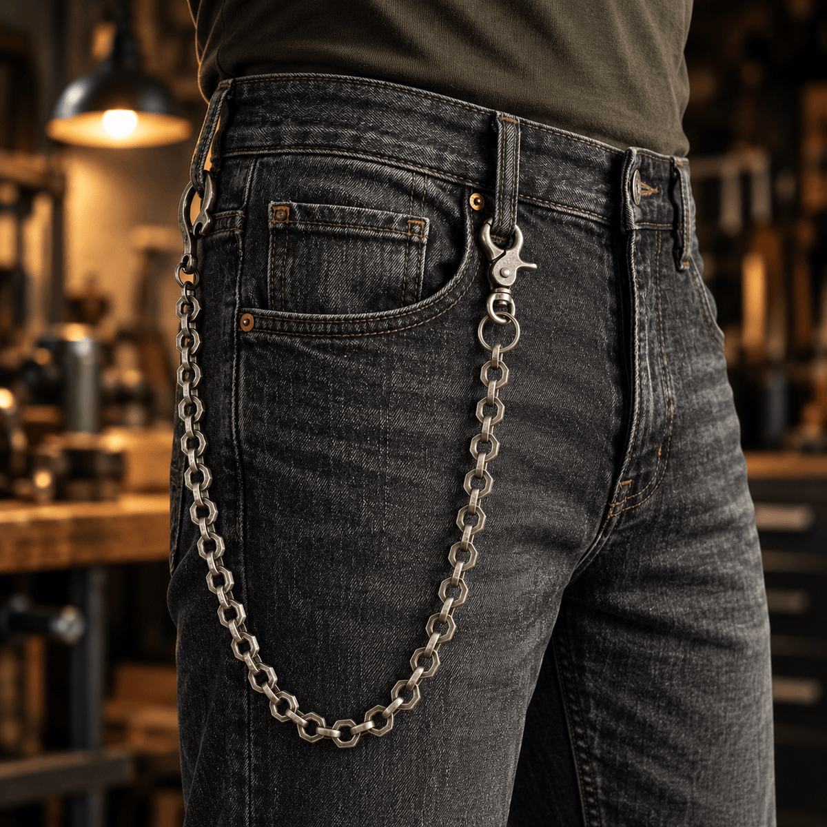 THE MEN THING Biker Fashion HEX FORGE - Antique Gunmetal 15mm Titanium Steel Skull Heavy Biker Chain for Jeans with Lobster Clasps for Men & Boys - 19 inch